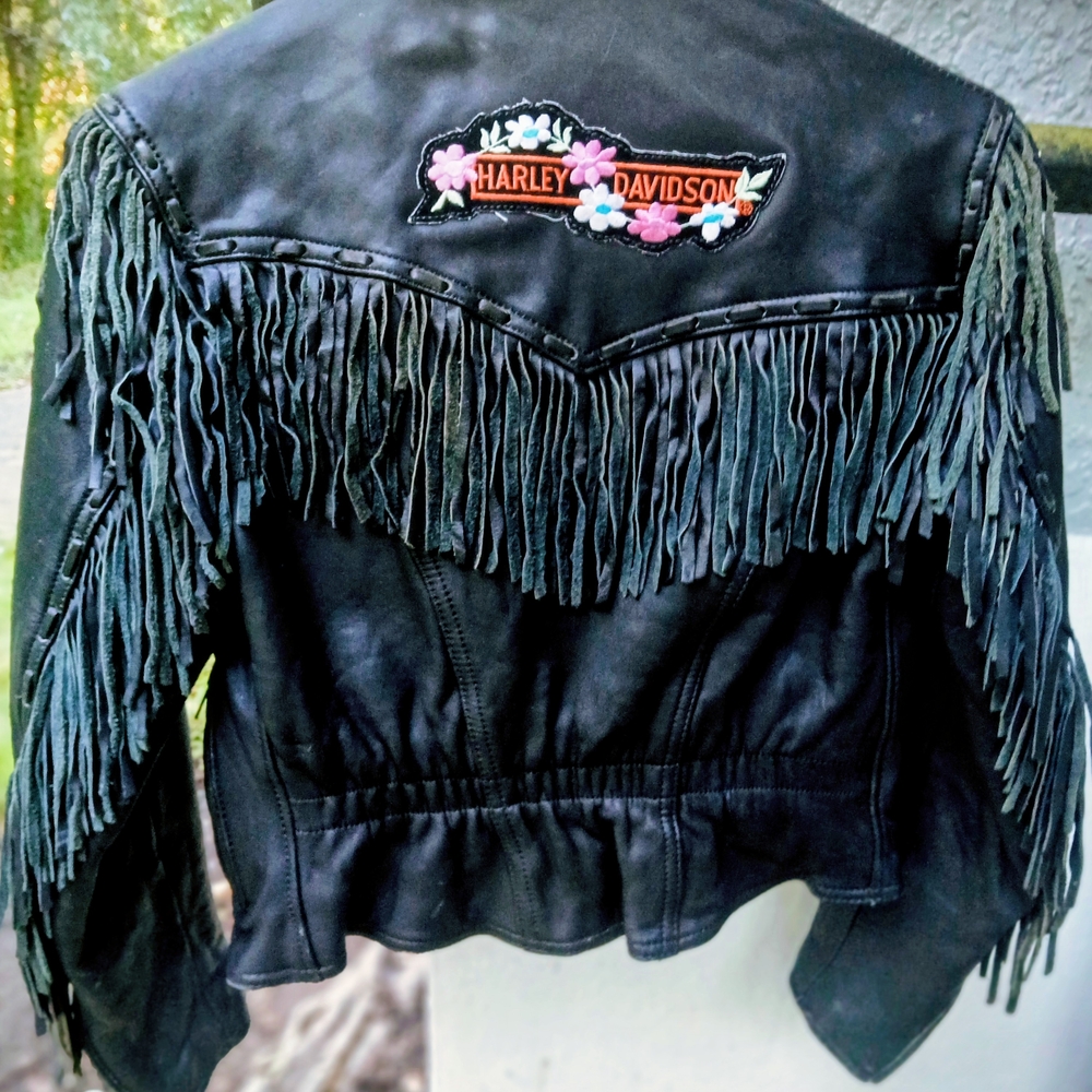 Harley-Davidson Black Leather Jacket with Fringe and Embroidery